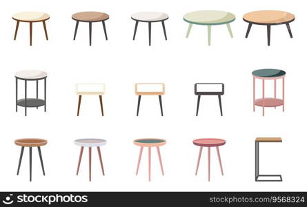 Big set of isolated end tables in flat style. Vector illustration.. Set of isolated end tables. Vector illustration.