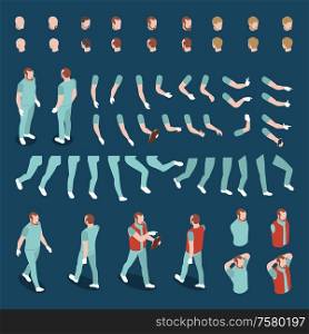 Big set of isometric heads arms legs bodies for male character constructor 3d isolated vector illustration