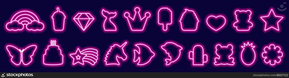 Big set of led fantasy birthday, food, animal neon frames in trendy pink color. Glow symbols and characters, unicorn, rainbow, butterfly, crown, star, cake. Vector illustration in neon style for banners.