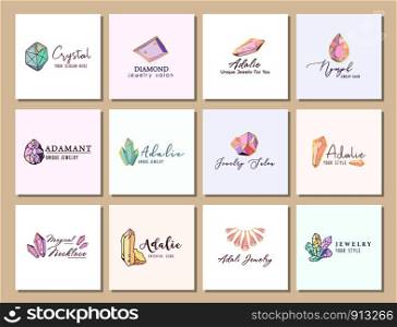 Big set of logo, business identity for jewelry salon, company or store with crystals or diamond on white, precious stone, gem and text - company name - vector illustration. New Crystals Set