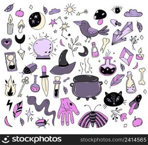 Big set of magic, witchcraft and occult items for witches. Amulets and ritual objects, animals and birds, love potion and magic mushrooms, crystal and pendant. Vector illustration. Isolated elements