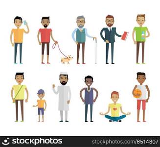 Big set of male characters vectors in flat style. Collection of variety skin colors, age, occupation, culture, social status men. For people concepts, infographics, web design. Isolated on white . Big Set of People Characters Vectors in Flat Style. Big Set of People Characters Vectors in Flat Style