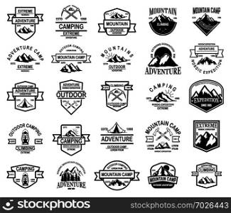 Big set of mountain camp, outdoor adventure emblems. Design element for logo, emblem, sign, label. Vector illustration