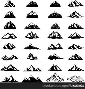 Big set of mountain icons isolated on white background. Design elements for logo, label, emblem, sign. Vector illustration