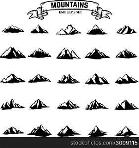 Big set of mountains icons isolated on white background. Design elements for logo, label, emblem, sign. Vector illustration