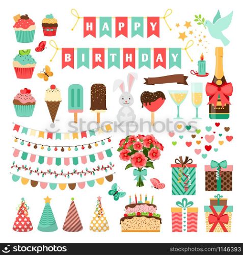 Big set of party icons. Gift boxes and birthday cake, flowers and colorful flags, ice cream and party hats, vector icons collection. Big set of party icons