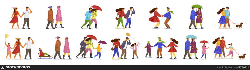 Big set of people. Married couple, men, women, children, pets. People dressed for year season. Seasons changing. Engaged in different activities. Family couples with umbrellas, sledges, dogs. People walk with umbrellas, children, sledges, dogs, ride on ice, enjoy the heat. Family walks