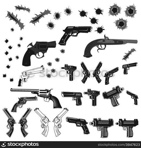 Big set of pistols and bullet holes isolated on white background. Handguns set on white background. Revolvers, hand guns and automatic handguns set.