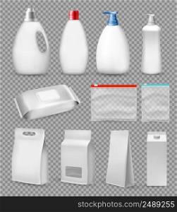 Big set of polypropylene plastic and paper packaging - sacks, tray, doypack, dispenser bottles, box, tube and on transparent background. Vector illustration