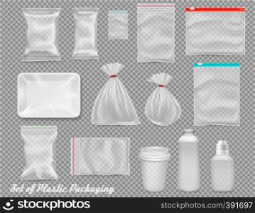 Big set of polypropylene plastic packaging - sacks, tray, cup on transparent background. Vector illustration