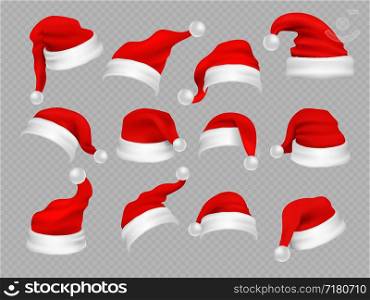 Big set of realistic Santa Hats isolated on transparent background. Vector santa claus hat colllection, holiday cap to xmas illustration. Big set of realistic Santa Hats isolated on transparent background