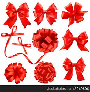 Big set of red gift bows with ribbons Vector