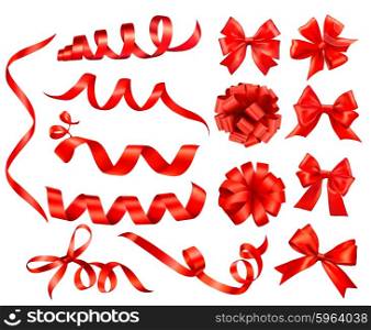 Big set of red gift bows with ribbons. Vector illustration.