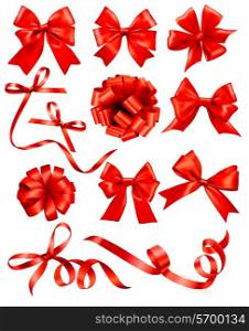 Big set of red gift bows with ribbons. Vector illustration.&#xA;