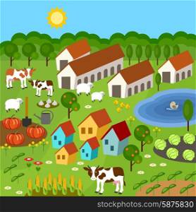Big set of rural farmer elements. Fields, animals, plants. Subjects can be used for games. Vector illustration