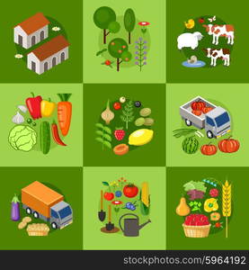 Big set of rural farmer elements. Fields, animals, plants. Subjects can be used for games. Vector illustration