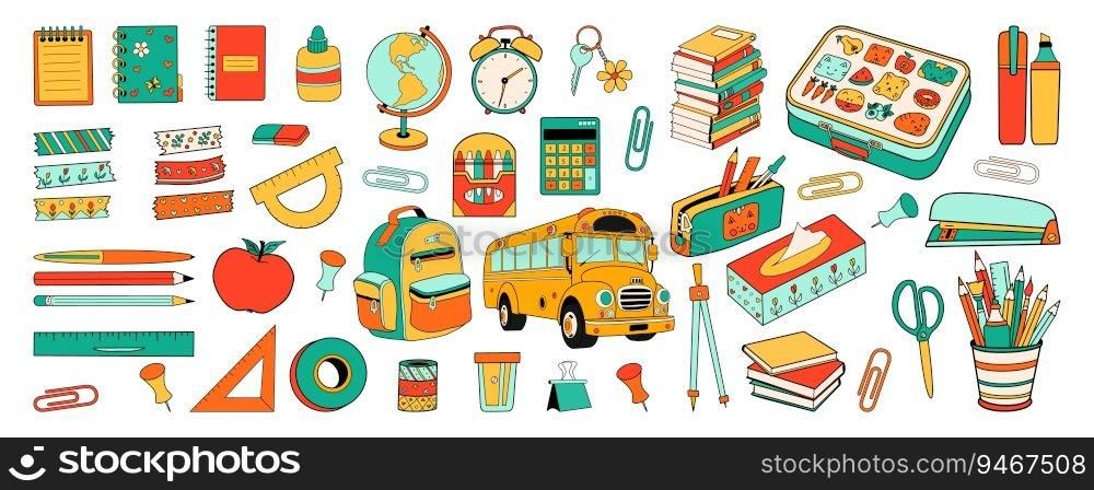 Big set of school stationery supplies. Back to school education cartoon collection in doodle retro style. Bold bright bag, bus, book, globe. Vector illustration isolated on white background. Big set of school stationery supplies. Back to school education cartoon collection in doodle retro style. Bold bright bag, bus, book, globe. Vector illustration isolated on white background.