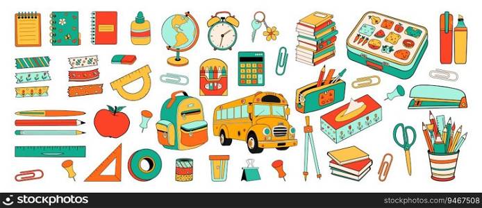 Big set of school stationery supplies. Back to school education cartoon collection in doodle retro style. Bold bright bag, bus, book, globe. Vector illustration isolated on white background. Big set of school stationery supplies. Back to school education cartoon collection in doodle retro style. Bold bright bag, bus, book, globe. Vector illustration isolated on white background.