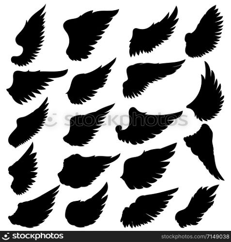Big set of silhouettes of wings on white background. Design element for logo, label, badge, sign. Vector illustration