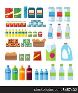 Big Set of Store Products in Flat. Big set of store products in plastic and aluminum cans. Canned goods and supplies, drinks and dairy products. Retail store icon set. Isolated object on white background. Vector illustration