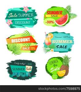 Big set of summertime emblems with fruits, flowers and info about discounts. Summer sale advertisement icons labels vector illustration isolated on white. Big Set of Summertime Emblems with Fruits, Flowers