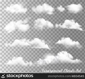 Big set of transparent different clouds and sun. Vector.
