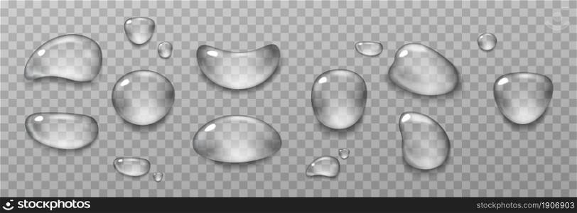 Big set of transparent drops of water. Pure clear water drops. Isolated on transparent background. Realistic style. PNG drops, condensation on the window, on the surface. Vector illustration.. Big set of transparent drops of water.