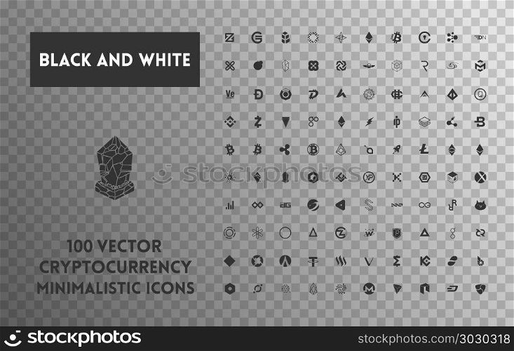 Big set of vector black and white cryptocurrency. Big set of minimalistic icons vector black and white cryptocurrency icons. Black icons on a transparent background