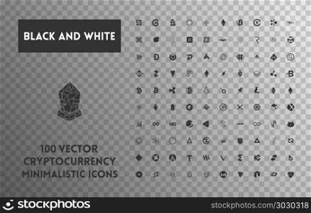 Big set of vector black and white cryptocurrency. Big set of minimalistic icons vector black and white cryptocurrency icons. Black icons on a transparent background