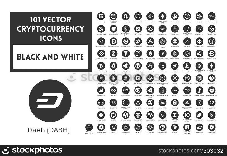 Big set of vector black and white cryptocurrency. Big set of vector black and white cryptocurrency icons. White icons in black circles on a white background.