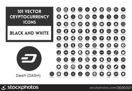 Big set of vector black and white cryptocurrency. Big set of vector black and white cryptocurrency icons. White icons in black circles on a white background.