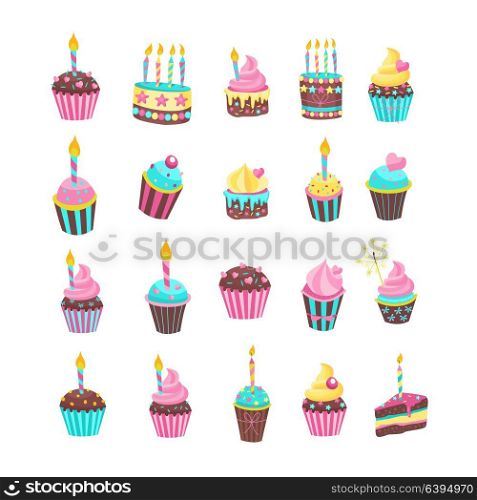 Big set of vector clipart cakes with candles birthday. Isolated on a white background.