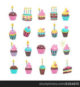 Big set of vector clipart cakes with candles birthday. Isolated on a white background.