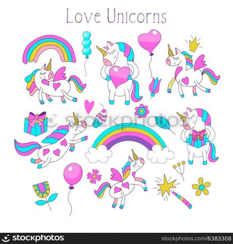 Big set of vector clipart on the theme of Love. Unicorns, heart, balloons, rainbow, flowers, a magic wand, a cake. For design postcards, print on textile, mugs, phones, t-shirts.