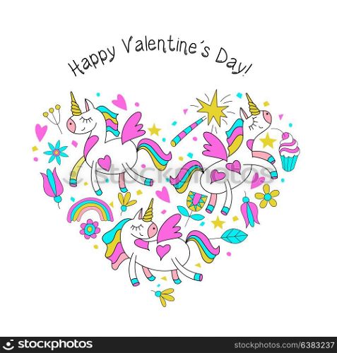Big set of vector clipart on the theme of Love. Has a heart shape . Unicorns, heart, balloons, rainbow, flowers, a magic wand, a cake. For design postcards, print on textile, mugs, phones, t-shirts.
