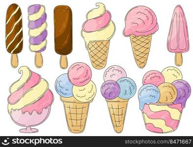 Big set of vector illustrations in hand draw style. Sweet desserts, ice cream. Collection of icons, pins, signs, stickers. Ice cream in a cup, in a vase, popsicle, sweet ice. Illustration in hand draw style. Sweet dessert, graphic element for design