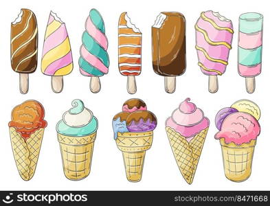 Big set of vector illustrations in hand draw style. Sweet desserts, ice cream. Collection of stickers. Ice cream in a cup, in a vase, popsicle, sweet ice. Illustration in hand draw style. Sweet dessert, graphic element for design