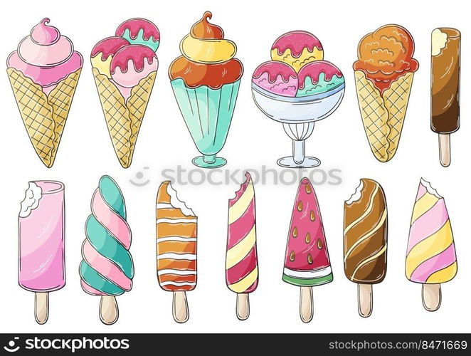 Big set of vector illustrations in hand draw style. Sweet desserts, ice cream. Collection of icons, stickers. Ice cream in a cup, in a vase, popsicle, sweet ice. Illustration in hand draw style. Sweet dessert, graphic element for design