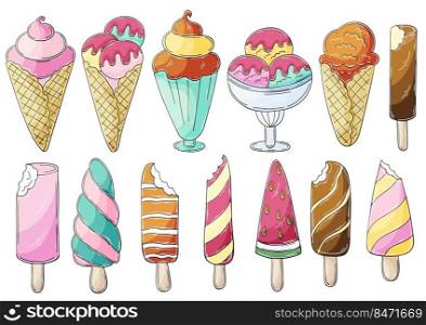 Big set of vector illustrations in hand draw style. Sweet desserts, ice cream. Collection of icons, stickers. Ice cream in a cup, in a vase, popsicle, sweet ice. Illustration in hand draw style. Sweet dessert, graphic element for design