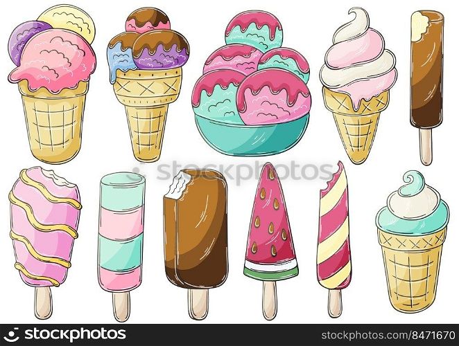 Big set of vector illustrations in hand draw style. Sweet desserts, ice cream. Collection of icons, pins, stickers. Ice cream in a cup, in a vase, popsicle, sweet ice. Illustration in hand draw style. Sweet dessert, graphic element for design