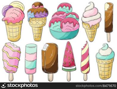 Big set of vector illustrations in hand draw style. Sweet desserts, ice cream. Collection of icons, pins, stickers. Ice cream in a cup, in a vase, popsicle, sweet ice. Illustration in hand draw style. Sweet dessert, graphic element for design