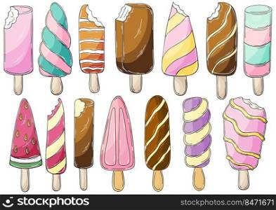 Big set of vector illustrations in hand draw style. Sweet desserts, ice cream. Collection of icons, pins, signs, stickers. Ice cream popsicle. Illustration in hand draw style. Sweet dessert, graphic element for design