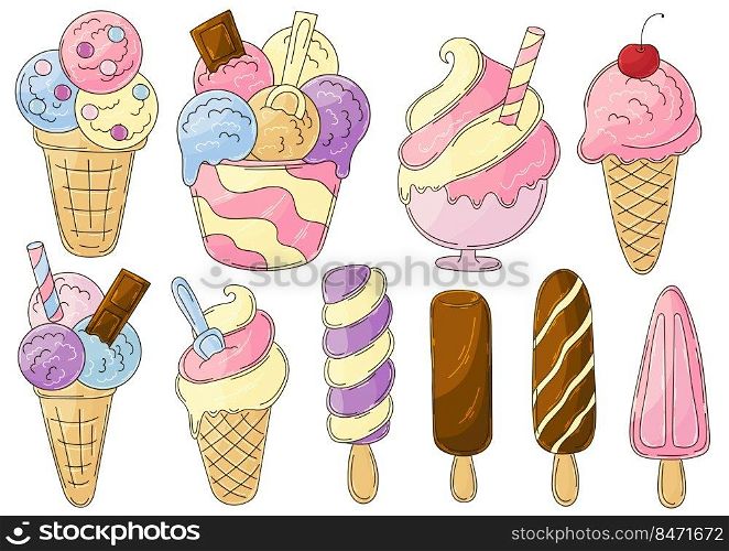 Big set of vector illustrations in hand draw style. Sweet desserts, ice cream. Collection of icons, pins, signs, stickers. Ice cream in a cup, popsicle. Illustration in hand draw style. Sweet dessert, graphic element for design