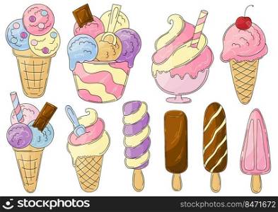Big set of vector illustrations in hand draw style. Sweet desserts, ice cream. Collection of icons, pins, signs, stickers. Ice cream in a cup, popsicle. Illustration in hand draw style. Sweet dessert, graphic element for design