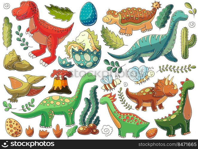 Big set of vector illustrations in hand drawn style. Children’s drawings, poster for dinosaur lovers. Collection of signs, stickers. Dinosaur, egg, volcano. Illustration in hand drawn style. Children’s drawings for your design