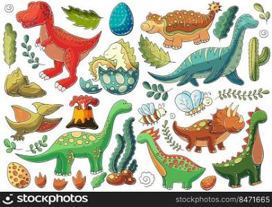 Big set of vector illustrations in hand drawn style. Children’s drawings, poster for dinosaur lovers. Collection of signs, stickers. Dinosaur, egg, volcano. Illustration in hand drawn style. Children’s drawings for your design