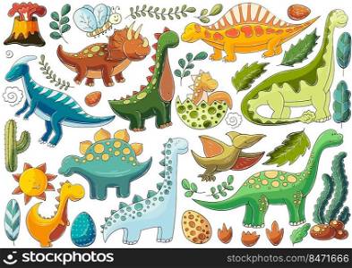 Big set of vector illustrations in hand drawn style. Children’s drawings, poster for dinosaur lovers. Collection of badges, stickers. Dinosaur, egg, volcano. Illustration in hand drawn style. Children’s drawings for your design