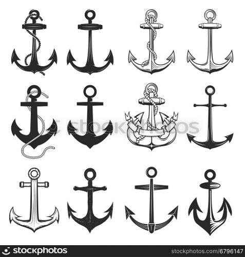 Big set of vintage style anchors isolated on white background. Design elements for t-shirt, poster. Vector illustration.