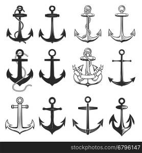 Big set of vintage style anchors isolated on white background. Design elements for t-shirt, poster. Vector illustration.