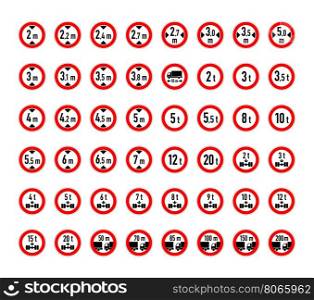 Big set of weight, wide, high and distance limits road signs isolated on white